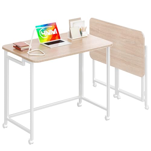 4NM 31.5" Mobile Small Rolling Computer Desk, Folding Laptop Cart Table with Wheels, Portable Office Desk for Small Space Couch Bed - Natural and White - color: Natural and White, size: 31.5"