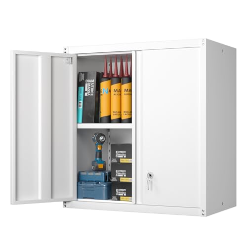 GREATMEET Metal Wall Cabinet, Wall Mounted Storage Cabinet with Lock for Garage Storage, White Floating Cabinet with Doors and Adjustable Shelf for Utility Room - color: White, size: 28"H
