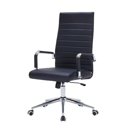 Black Leather Ribbed Office High-Back Desk Conference Chairs with Wheels | Ergonomic High-Back Executive Chairs with Wheels Adjustable Swivel Computer Task Desk Chair with Arms and Thick Padded Seat - color: Black, size: High Back
