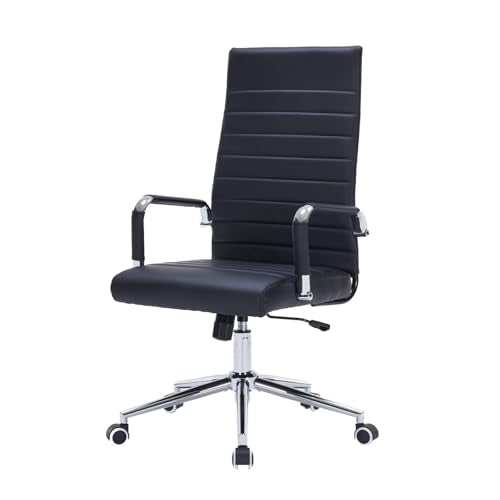 Black Leather Ribbed Office High-Back Desk Conference Chairs with Wheels | Ergonomic High-Back Executive Chairs with Wheels Adjustable Swivel Computer Task Desk Chair with Arms and Thick Padded Seat - color: Black, size: High Back