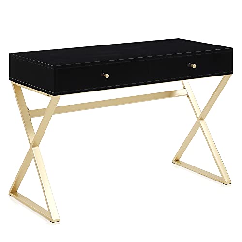 BELLEZE Modern 42 Inch Makeup Vanity Dressing Table or Home Office Computer Laptop Writing Desk with Two Storage Drawers, Wood Top, and Gold Metal Frame - Ellena (Black) - color: Black, size: 42" X Shape