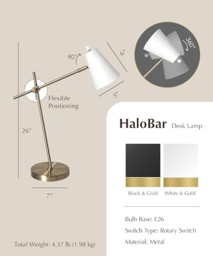 HarvestLand HaloBar White Mordern Desk Lamp, Reading Lamp for Home Office | Adjustable White task lamp, Task lamp, Architect desk lamp, Small desk lamps for small spaces,Mid century table lamp - color: White HaloBar