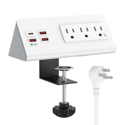 Nightstand Edge Power Strip with 3 AC Outlets and 4 USB Ports, 20W USB-C, 6.56 ft Flat Plug Cord, Desk Charging Station White - color: White