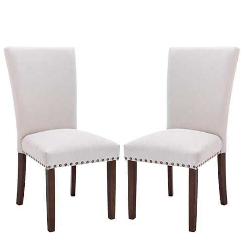 MALOL COLAMY Upholstered Parsons Dining Chairs Set of 2, Fabric Kitchen Side Chairs with Nailhead Trim and Wood Legs, Dining Room Chairs for Farmhouse Restaurant, Beige - color: W-beige, size: Set of 2
