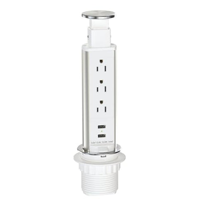 Pop Up Outlet for Countertop, Receptacle Power Strip with 3 AC Outlet 2 USB Ports, Pull Pop Up Power Socket Outlet, 2.5" Hole Recessed Outlet for Kitchen Counter Conference Desk Office, White - color: White
