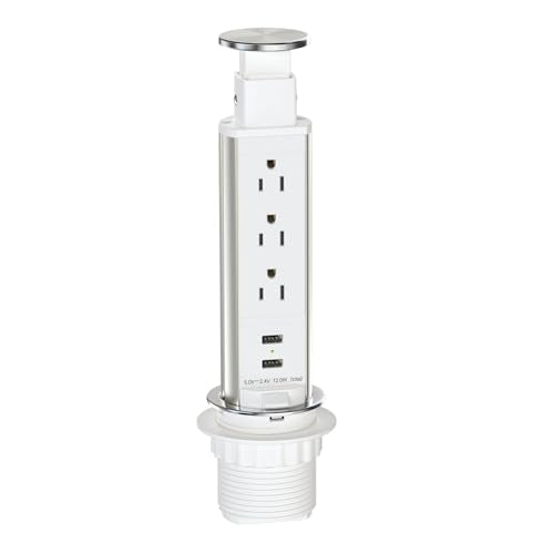 Pop Up Outlet for Countertop, Receptacle Power Strip with 3 AC Outlet 2 USB Ports, Pull Pop Up Power Socket Outlet, 2.5" Hole Recessed Outlet for Kitchen Counter Conference Desk Office, White - color: White