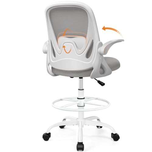Drafting Chair Tall Office Chair with Flip-up Armrests, Adjustable Height, and Enhanced Lumbar Support - Ergonomic Rolling Stool, Back Support, and Adjustable Foot Rest Ring for Standing Desk Gray - color: Grey, size: 934W-Z