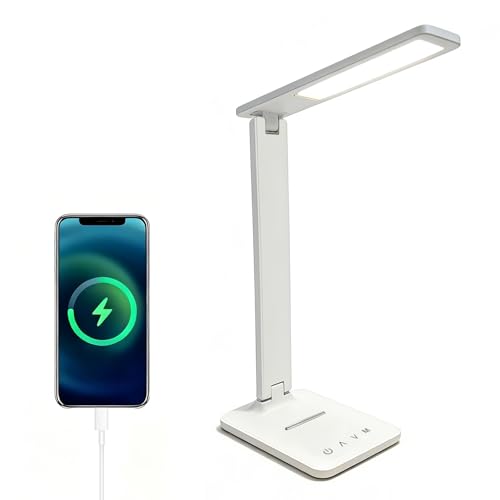 LED Desk Lamp with USB Charging Port, 5 Color Modes & Brightness Levels, Eye-Caring Dimmable, Touch Control, Adjustable Foldable Arm, USB-C Powered