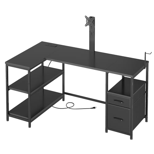 YATINEY L Shaped Computer Desk with Adjustable Monitor Stand, Gaming Desk with Power Outlets, Office Desk with Fabric Drawer, File Drawer and Hook, for Living Room, Home Office, Black DN03UBB