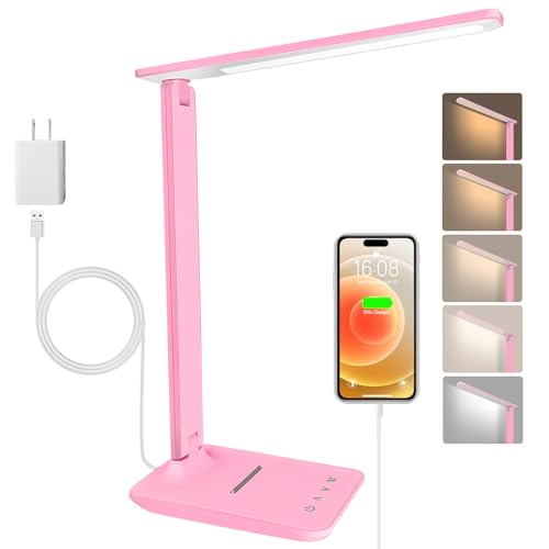 White crown LED Desk Lamp Dimmable Table Lamp Reading Lamp with USB Charging Port, 5 Lighting Modes, Sensitive Control, 30/60 Minutes Timer Pink (Pink, First-Generation) - color: Pink, size: first-generation