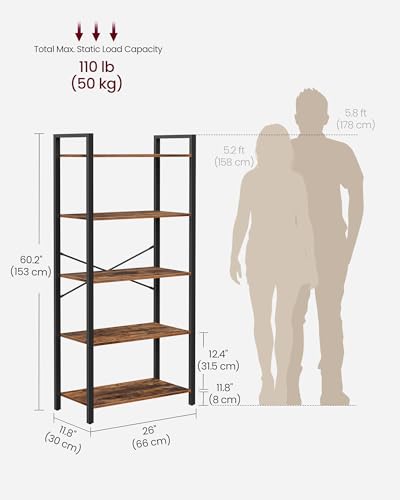 VASAGLE 5-Tier Bookshelf, Bookcase with Steel Frame, Book Shelf for Living Room, Home Office, Study, 11.8 x 26 x 60.2 Inches, Industrial Style, Rustic Brown and Ink Black ULLS061B01 - color: Rustic Brown + Ink Black, size: 5 Tiers (11.8"D x 26"W), style: