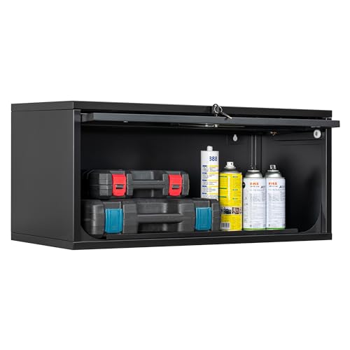 Fesbos Metal Storage Cabinet Black Wall Cabinets with Locking Door - Wall Mounted Storage Cabinet for Garage Warehouse Home Office - Assembly Required - color: Black, size: 13"D x 31.5"W x 13.7"H