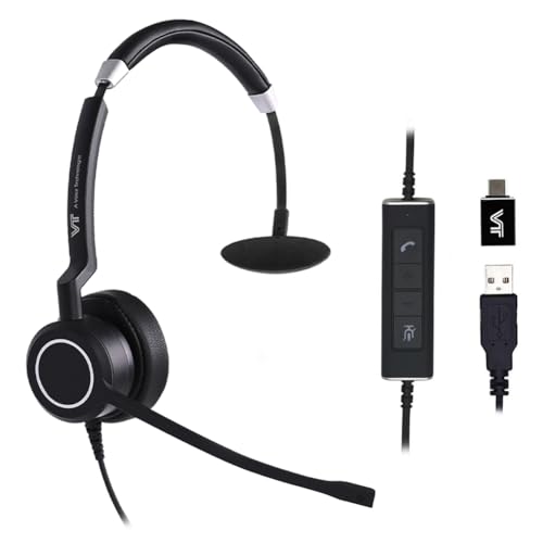 VT Wired UC-Headset with 2-Mic AI Noise-Cancelling - Work Headphones with USB-A/C for PC/Laptop/IP Phones for MS Teams,Genesys,3CX,Bria,Avaya Workplace,Cisco Jabber,GoogleMeet, Zoom,etc.(Mono) - size: Mono