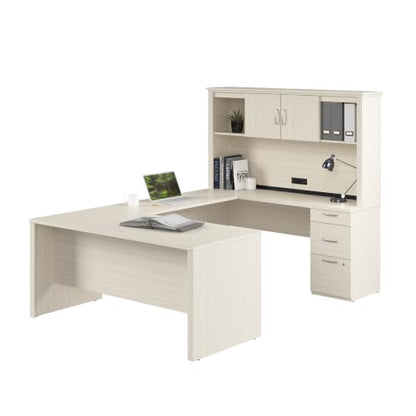 Bestar U or L Shaped Desk with Hutch & Drawers, White Chocolate, Logan, 66W | With Pedestal and Hutch; The Bestar Logan U or L Shaped Desk with Drawers and Hutch offers a customizable solution - color: White Chocolate
