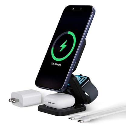 KU XIU X55 Turbo Qi 2.2 25W 3-in-1 Charging Station for Apple Device, Foldable Magnetic Charger for iPhone 17/16, 5W for Apple Watch & AirPods, Fast Travel Wireless Charging Stand with 45W Adapter - color: Black-B