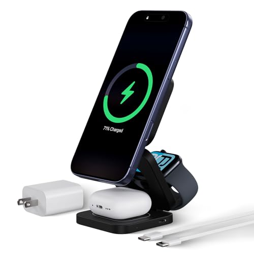 KU XIU X55 Turbo Qi 2.2 25W 3-in-1 Charging Station for Apple Device, Foldable Magnetic Charger for iPhone 17/16, 5W for Apple Watch & AirPods, Fast Travel Wireless Charging Stand with 45W Adapter - color: Black-B