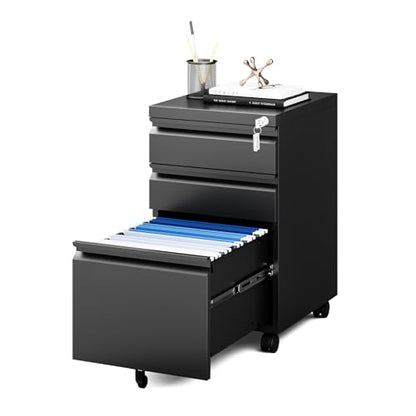 MIIIKO File Cabinet 3 Drawers on Wheels Under Desk, Black Metal Rolling File Cabinets with Lock for Home Office, Un-Assembled Filing Cabinet with Lock - color: Black, size: 3 Drawer-14.57"W -Mobile-a
