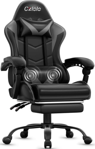 Czlolo Gaming Chair with Footrest Racing Style Lumbar Support Massager Video Game Chair with Metal Legs, High Back Reclining Gamer Chair with Headrest, 360° Swivel Office Computer Desk Chair (Gray) - color: Grey
