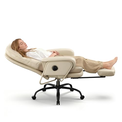FLEXISPOT Ergonomic Office Chair with Footrest High Back Computer Desk Chairs Indoor Lounge Chair with Wheels 90-165° Reclining Lumbar Support, Chairs for Working Relaxing Cross Legged, Leather, White - color: Beige White