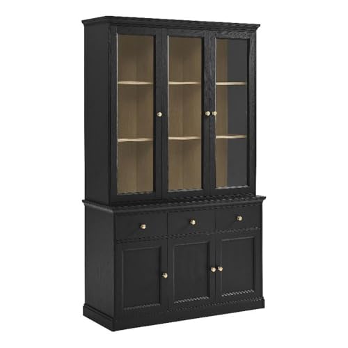Modway Amara 79 Inch Large Storage Display Cabinet in Black Oak - Tall Buffet Sideboard Credenza with Tempered Glass Doors for Dining Room, Kitchen, Living Room, Or Office