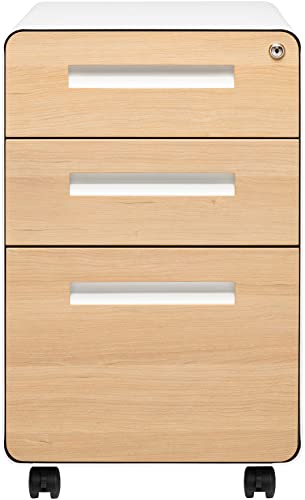 Laura Davidson Furniture Stockpile 3 Drawer File Cabinet with Lock - Under Office Desk Metal Filing Cabinet, Legal/Letter File Folders, Wheels and Stationary Feet, Pre-Assembled, White/Wood - color: White/Wood