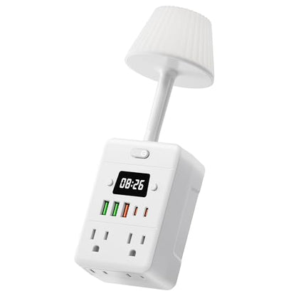 Bedside Power Strip with Lamp & Digital Clock, 4 Outlets 5 USB Ports (2 USBC), 3-Color Temperature Dimmable Bedside Nightstand Light, Multi Plug Outlet Extender for Bedroom Home Office, Coffee Counter - color: White