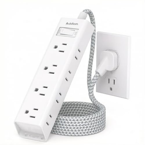 White Braided Power Strip Surge Protector with 12 Outlets | Flat Plug 6FT Extension Cord, 3-Side Wide Spaced Outlet Extender, Wall Mount Desk Charging Station for Home Office Garage - color: White&Gray, size: 6 Ft