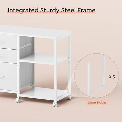 Maihail 3 Drawer File Cabinet with Wheels with Open Storage Shelf, White - color: White