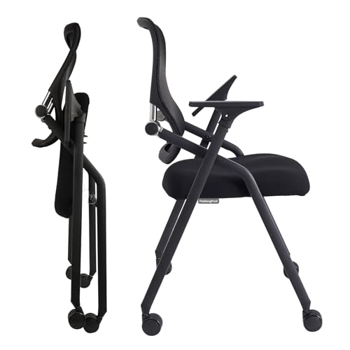 Updated Conference Room Chairs, Folding Office Desk Chair with Lumbar Support and Sliding Armrest with Casters, Stackable Office Guest Chairs & Reception Chairs, 1 Pack Black - color: Black, size: 1 Pack