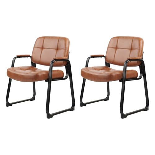 CLATINA Big Tall 400 lbs Waiting Room Chairs with Padded Arms Leather Guest Chair no Wheels for Office Reception Lobby and Conference Desk with Sled Base, Brown, 2PK - color: Brown, size: 2PK