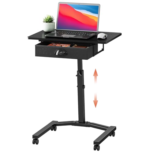 Rolling Adjustable Height Standing Desk With Drawers, Small Mobile Laptop Desk Cart On Wheels For Small Spaces Home Office, Portable Sitting Laptop Table For Bed Couch Load Up To 60LBS, Sturdy, Black - color: Black