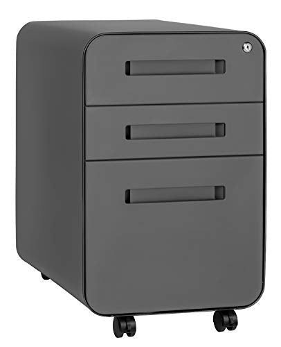 Laura Davidson Furniture Stockpile 3 Drawer File Cabinet with Lock - Under Office Desk Metal Filing Cabinet, Legal/Letter File Folders, Wheels and Stationary Feet, Pre-Assembled, Dark Grey - color: Dark Grey