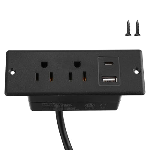 Recessed Power Strip with USB-C 20W and USB-A, 2 AC Outlets, in-Desk Flush Mount Power Strip, 125V 12A 1500W, for Desk Countertop Kitchen Island (Black, 6.6FT) - size: 6.6FT, style: 20W