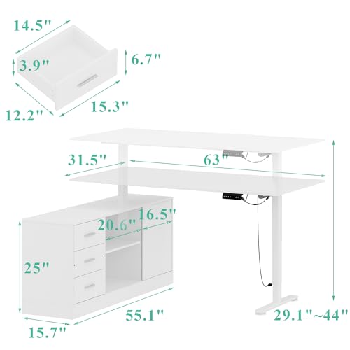 63" L Shaped Electric Standing Desk with File Cabinet, Height Adjustable Stand up Desk with Drawers and Shelves, Home Office Computer Gaming Table, White - color: White