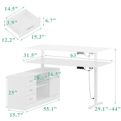 63" L Shaped Electric Standing Desk with File Cabinet, Height Adjustable Stand up Desk with Drawers and Shelves, Home Office Computer Gaming Table, White - color: White
