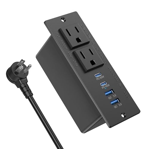 Recessed Power Strip with 2 PD 65W USB C,Flush Mount Outlet | Black, 6FT,Flush Mount Countertop Drawer Outlet, Furniture Hidden Charging Station for Side Table,End Table,2 AC Outlets - color: Black, size: 65W USB-C Ports