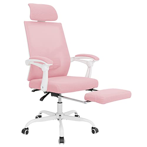 Qulomvs Mesh Ergonomic Office Chair with Footrest Home Office Desk Chair with Headrest and Backrest Adjustable Computer Executive Desk Chair with Wheels 360 Swivel Task Chair - color: Pink With Footrest 2