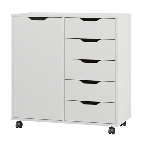 Panana 5-Drawer Chest with 1 Door, Wooden Chest of Drawers Storage Dresser Cabinet with Wheels, Office Organization and Storage, Bedroom Furniture (White-S) - color: White-s