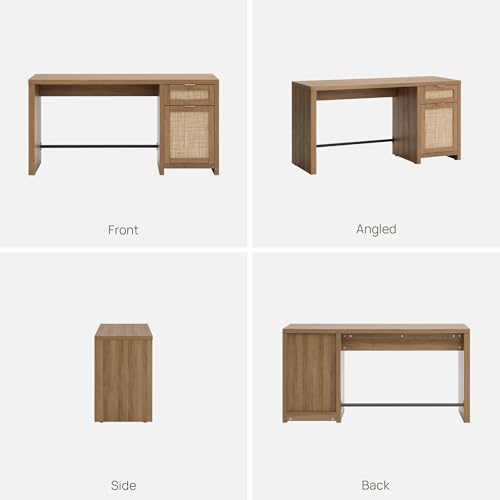 SICOTAS Rattan Computer Desk Wood Desk with Drawer, 59" Home Office Desk | Large Boho Farmhouse Writing Table Vanity Desk with Cabinet for Office, Study, Living Room, Dining Room - size: 1 Piece
