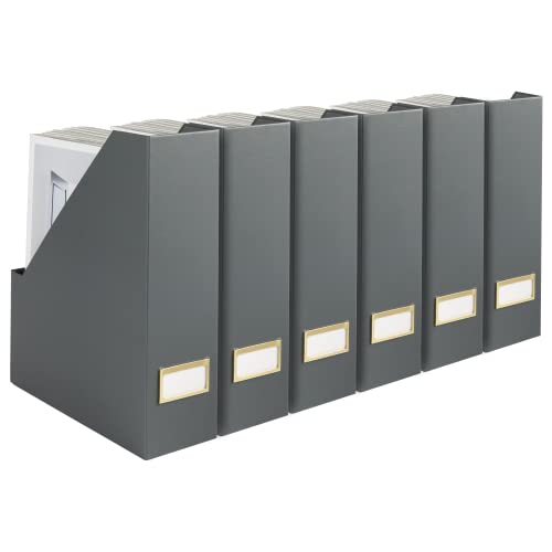 BLU MONACO | Set of 6 Foldable Grey Magazine File Holders with Gold Label Holders | Vertical File Organizer Boxes for Desk, Bookshelf & Home Office Storage - color: Grey