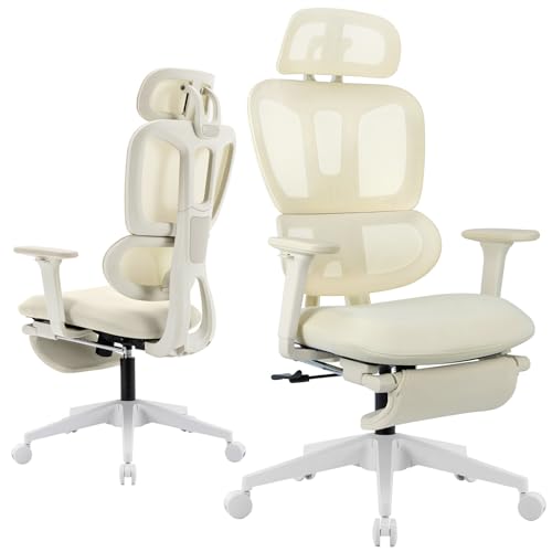 Ergonomic Office Chair with Retractable Footrest, Cream | High Back Design, Dynamic Lumbar Support, 2D Headrest & 2D Armrests, Breathable Mesh Back for Home Office - color: Cream