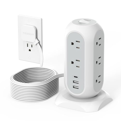 TESSAN Tower Power Strip Flat Plug with 1050J Surge Protection, 15 Ft, Grey | 11 Outlets 3 USB (1 USB C), Surge Protector Power Tower, Extension Cord with Multiple Outlets, Dorm, Office Desk Supplies - color: White, size: 15 Feet