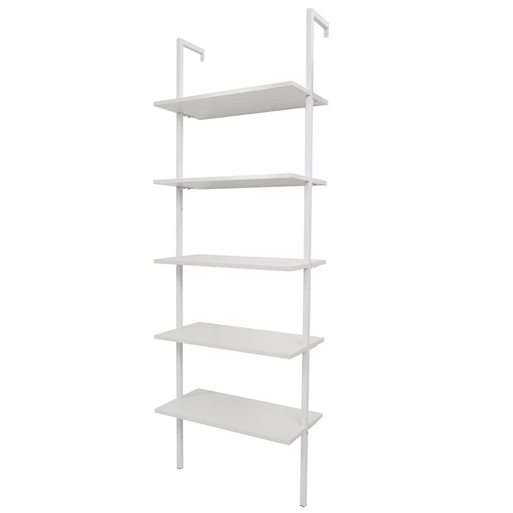 Ladder Shelf Bookshelf, 5-Tier Industrial Bookshelf with Metal Frame and Wood Board, Wall Mounted Bookcase Open Shelf Organizer for Living Room,Home Office, Bedroom, White - color: White