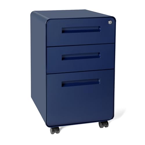 Laura Davidson Furniture Stockpile 3 Drawer File Cabinet with Lock - Under Office Desk Metal Filing Cabinet, Legal/Letter File Folders, Wheels and Stationary Feet, Pre-Assembled, Navy Blue - color: Navy Blue