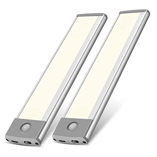 RXWLKJ 30-LED Under Cabinet Lights,USB Rechargeable Kitchen Night Light,Battery Operated Counter Closet Lighting,Wireless Motion Activated Light for Cabinets Cupboard Pantry(Warm Light 2Pack - color: Silver-warm White Light, size: 7.8 in-30LED-2PACK