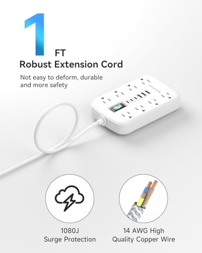 Short Extension Cord 1 FT with 6 USB(3 USB C) 8 Outlets, Flat Power Strip - size: 1 FT-White-Three Prong