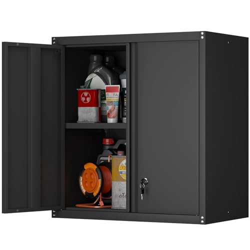 Steel Wall Cabinet, Metal Locking Wall Cabinet, Hanging Metal Cabinet for Garage Tool Storage, Wall Mount Tool Cabinet for Garage, Laundry Room, Office, Black - color: 28"h - Black