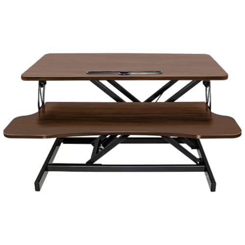 Desk Converter Height Adjustable Riser Ergonomic Sit Stand Dual Monitor Computer Workstation Keyboard Tray Home Office-Black + Walnut - color: Black + Walnut