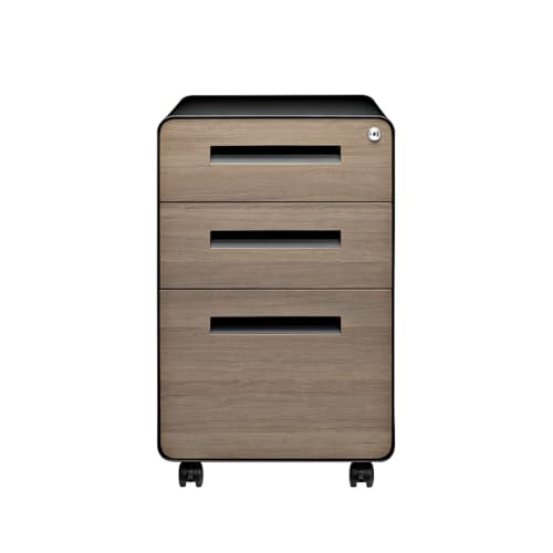Laura Davidson Furniture Stockpile 3 Drawer File Cabinet with Lock - Under Office Desk Metal Filing Cabinet, Legal/Letter File Folders, Wheels and Stationary Feet, Pre-Assembled, Black/Wood - color: Black/Wood