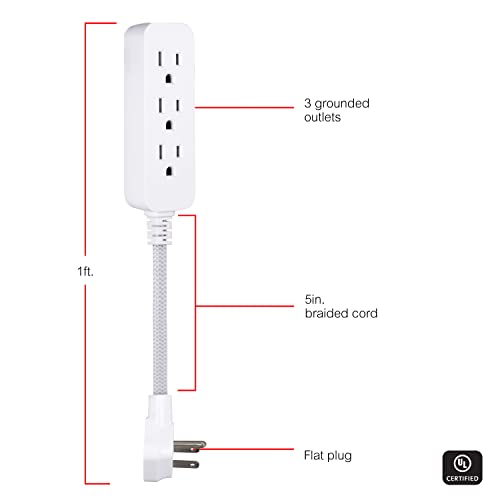 GE 3-Outlet Power Strip 5 Inch Braided Extension Cord with Multiple Outlets Grounded Flat Plug ETL Listed White 45190 (Pack of 12) - size: 5 Inch (Pack of 12)
